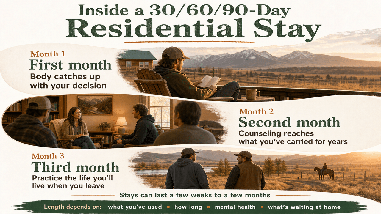 Visualize the three-phase arc of a 30/60/90-day residential stay described in this section, including the focus and key activities of each phase