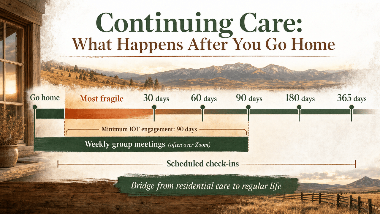 Visualize the post-discharge continuing care timeline cited in the section (30, 60, 90, 180, and 365-day check-ins) alongside the 90-day minimum IOT engagement noted in the prose