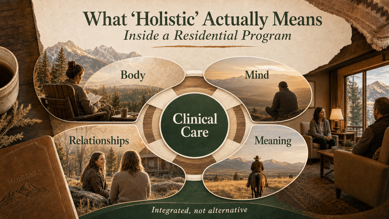 Visualize the four integrated dimensions of whole-person care described in this section, clarifying that holistic treatment layers modalities alongside (not instead of) clinical care