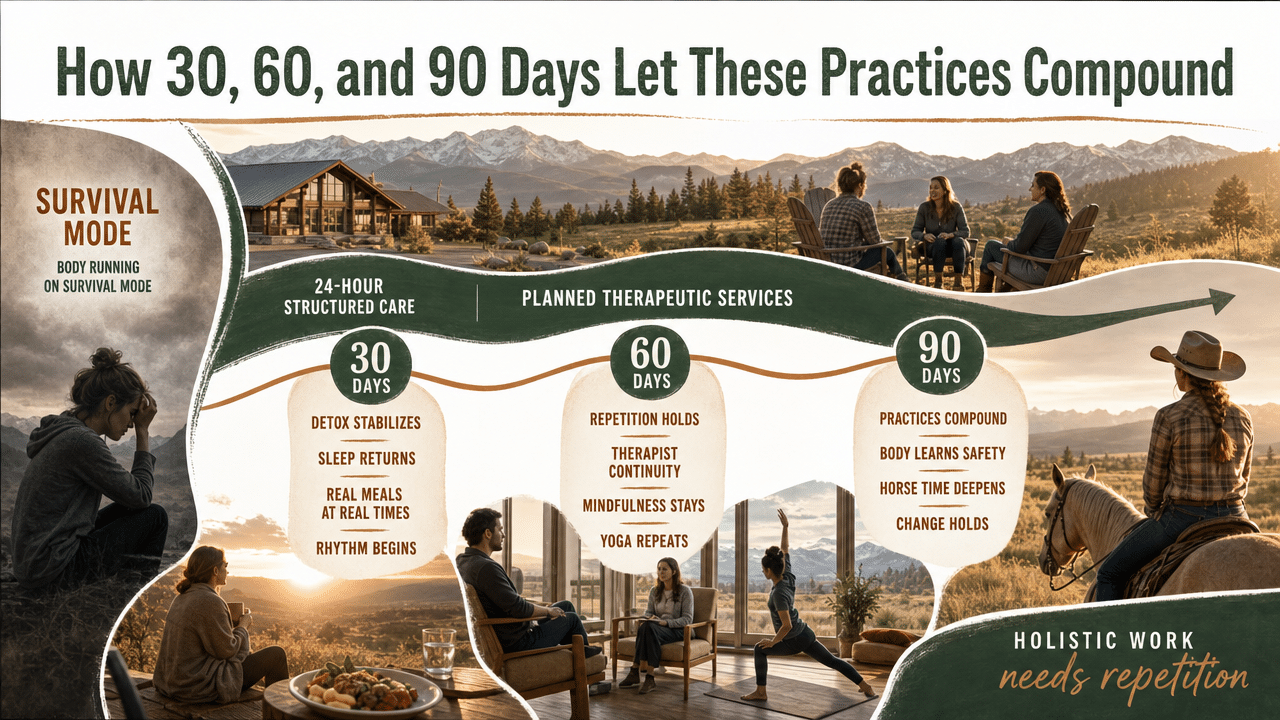 Illustrate the residential treatment arc described in the section — how holistic practices compound across 30, 60, and 90 day stays — supporting the operating model described in prose