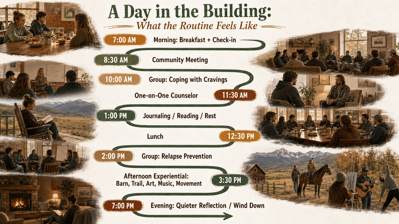 Translate the descriptive daily rhythm in this section into a clear visual schedule, helping readers picture what a typical day inside a residential treatment center looks like