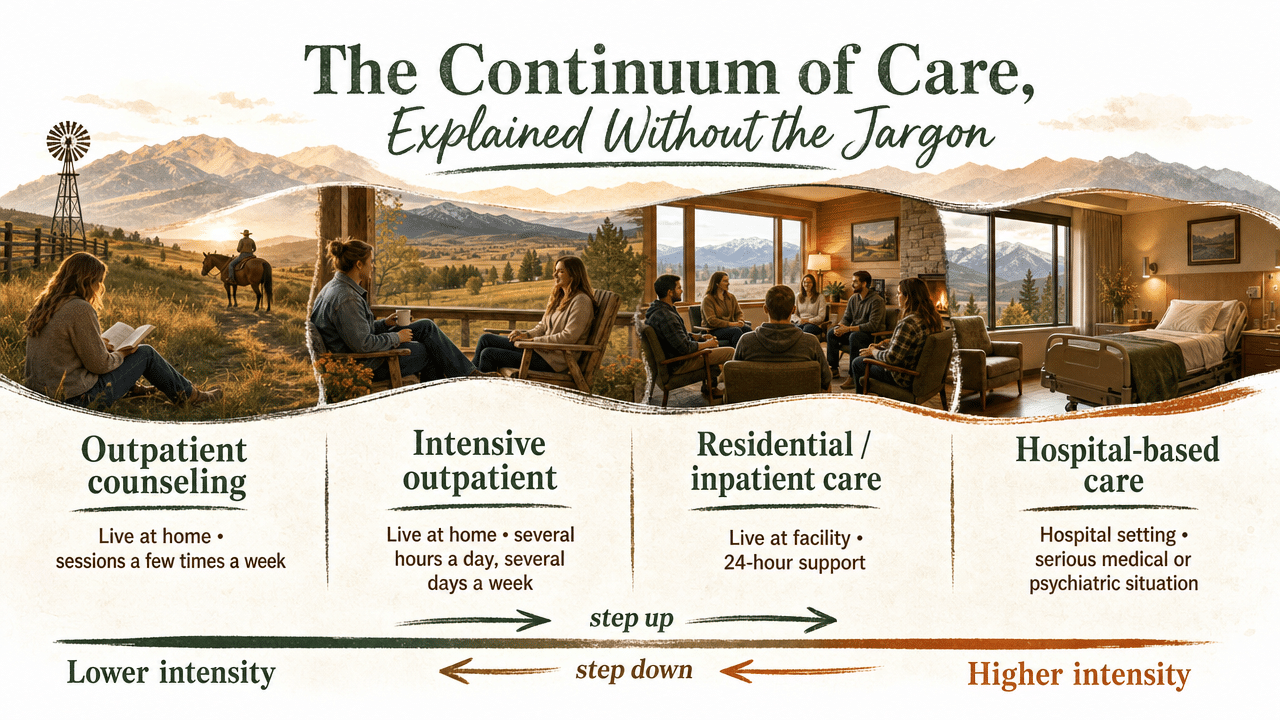 Visualize the continuum of care levels described in this section, showing how a residential treatment center fits between outpatient and hospital-based care, and how people step up or step down between levels