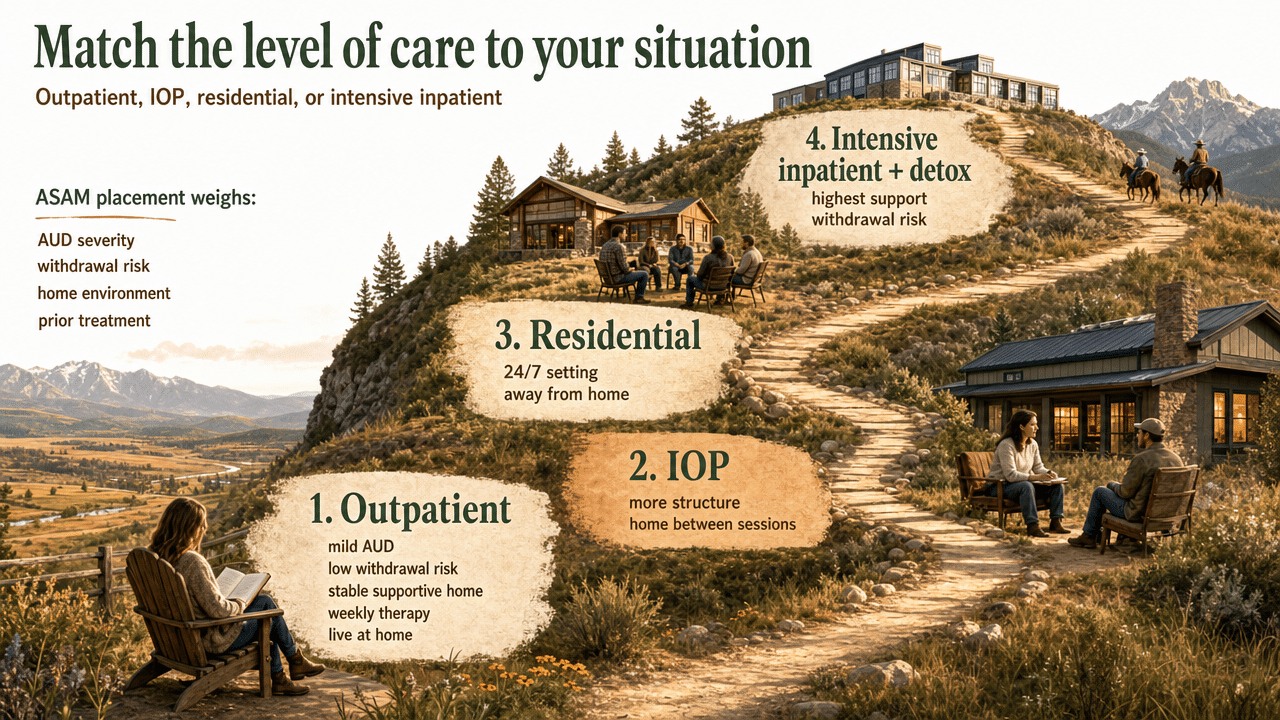 Visualize the four-tier ASAM-aligned level-of-care ladder described in this section, helping readers self-place between outpatient, IOP, residential, and intensive inpatient with detox