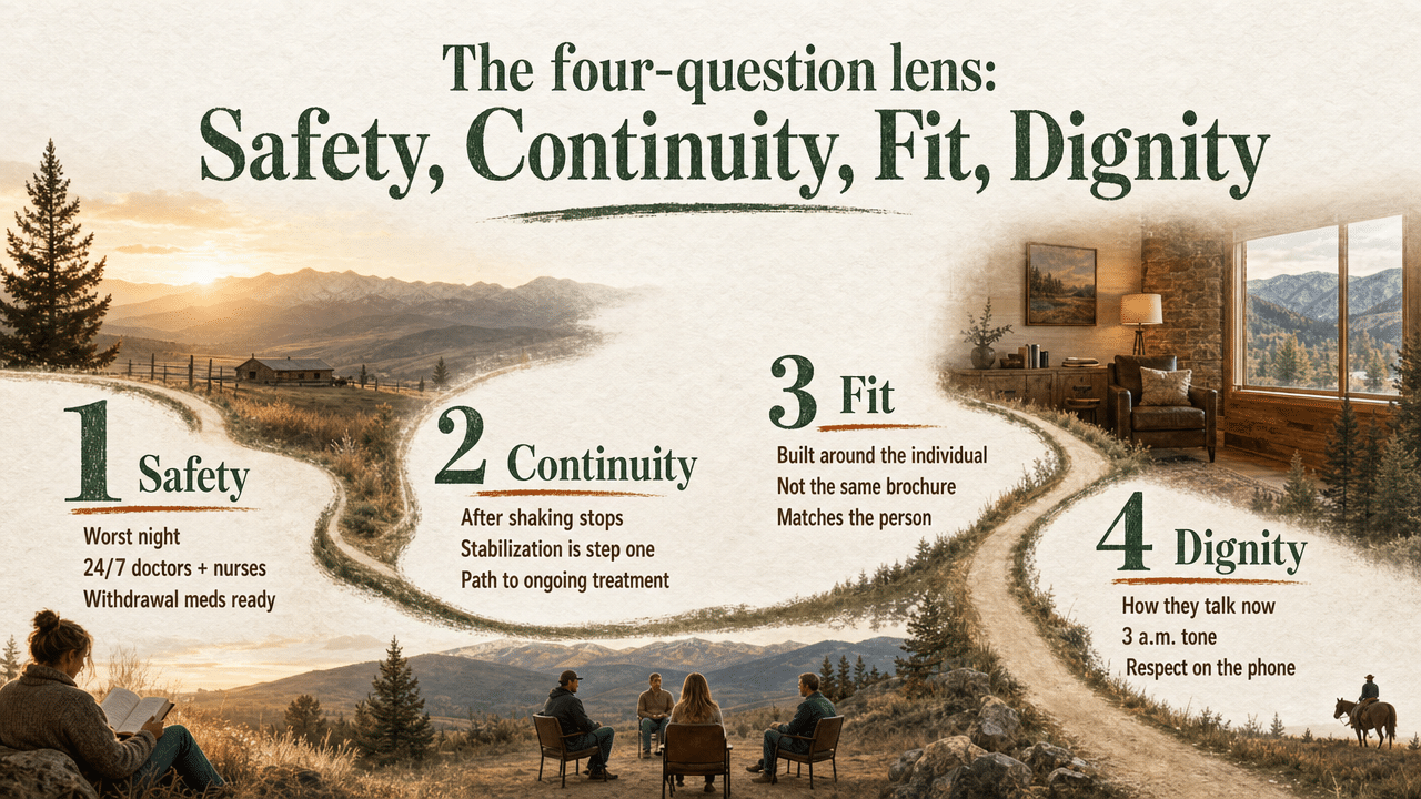 Visualize the four-question evaluation framework introduced in this section as a decision lens for families
