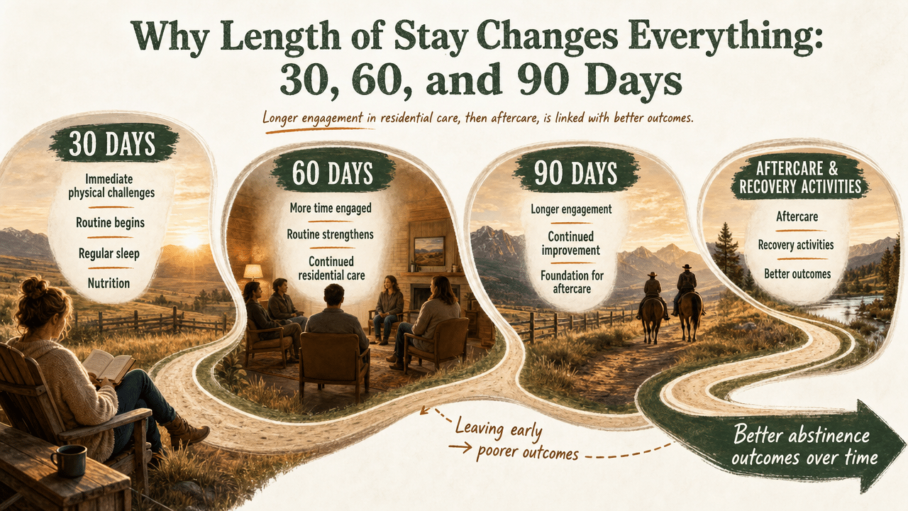 Compare what each length of stay accomplishes, supporting the DATOS-cited section on treatment duration
