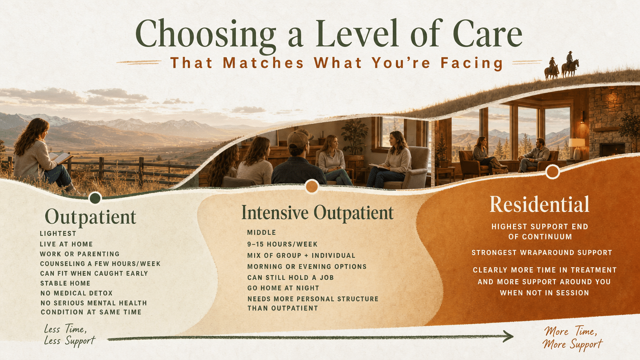 Visualize the continuum of care described in this section so readers can compare outpatient, intensive outpatient, and residential at a glance