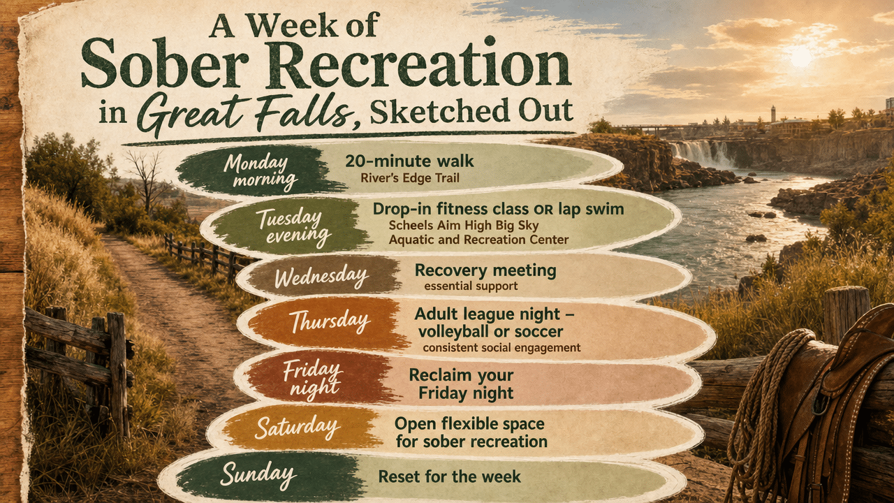 Visualize the seven-day sober recreation framework laid out in the section, giving readers a clear at-a-glance schedule that mirrors the prose