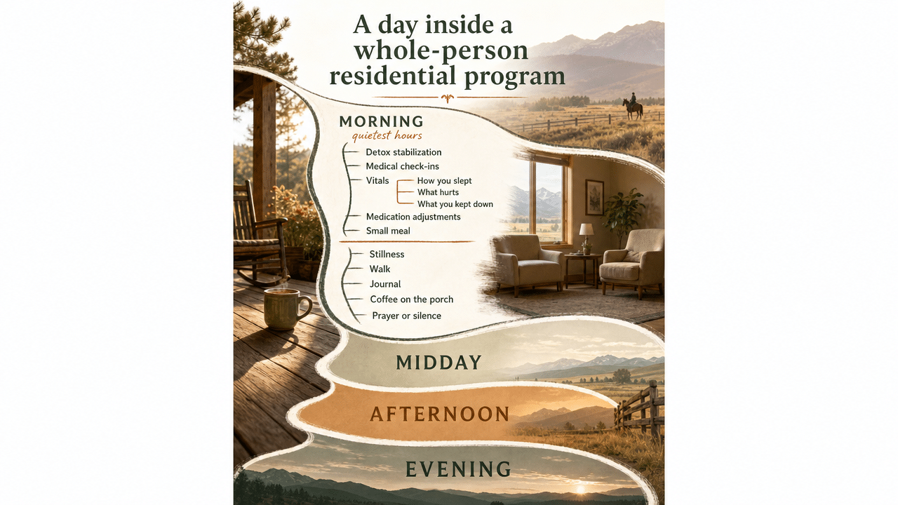 Process infographic visualizing the four-part daily schedule described across the subsections (morning, midday, afternoon, evening)