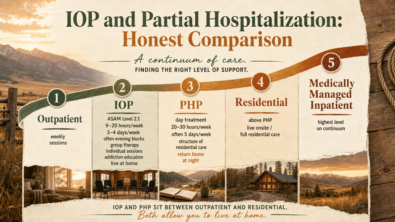 Compare ASAM levels of care described in this section (outpatient, IOP 2.1, PHP, residential, medically managed inpatient 4) with weekly hours and setting