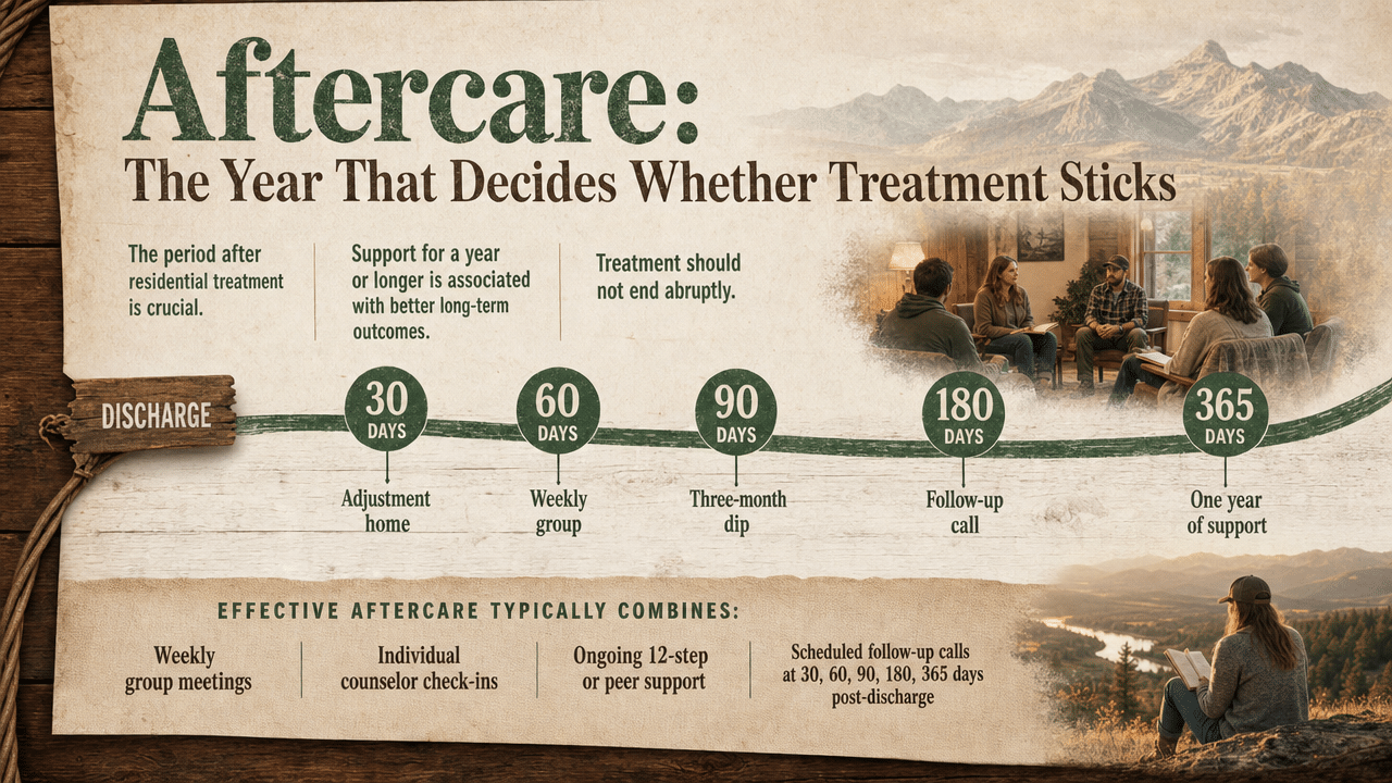 Show the timed aftercare check-in schedule explicitly described in this section (30, 60, 90, 180, 365 days) as a timeline