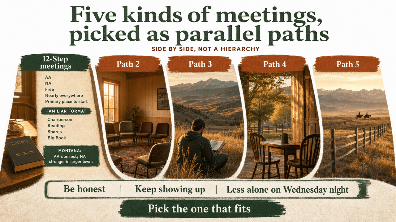 Visualize the five parallel meeting paths described in the section as side-by-side options rather than a hierarchy, reinforcing the article's framing