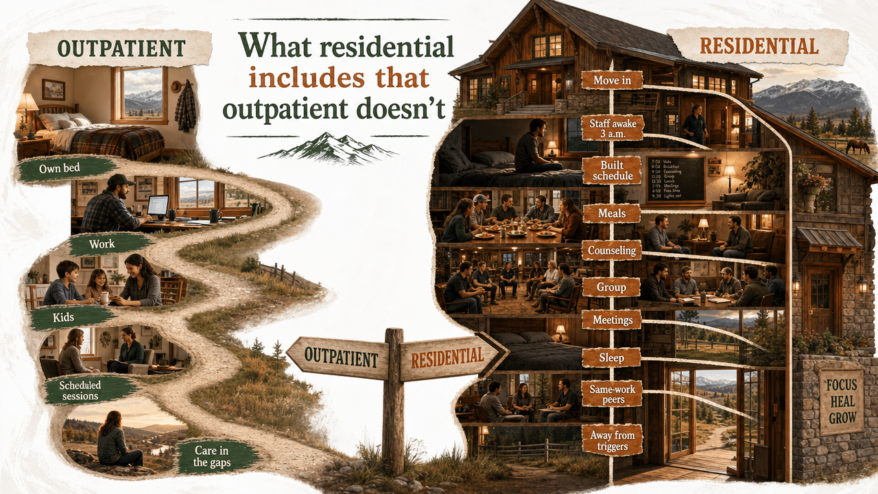 Side-by-side comparison directly visualizing the section's explicit residential-vs-outpatient contrast