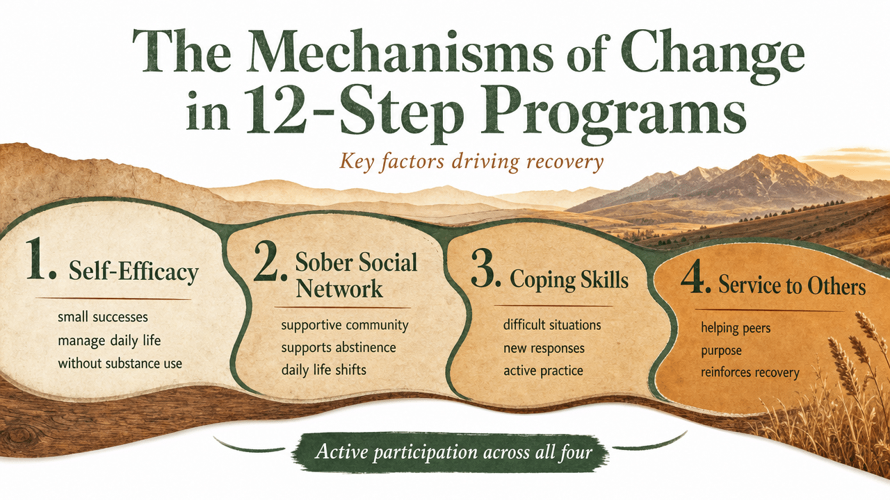 Visualize the four key mechanisms of change discussed in this section (self-efficacy, sober social network, coping skills, service to others) as a process framework