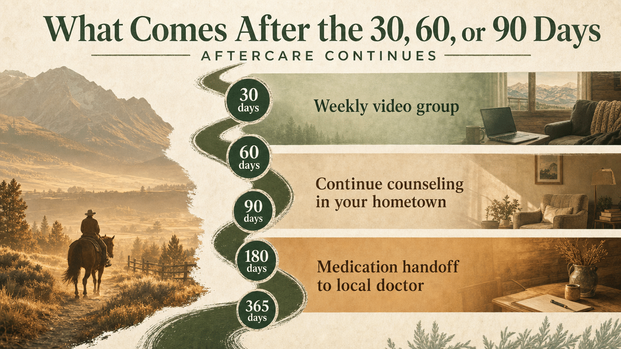 Illustrate the aftercare timeline explicitly described in the section — weekly video groups plus check-ins at 30, 60, 90, 180, and 365 days — reinforcing the continuity-of-care process