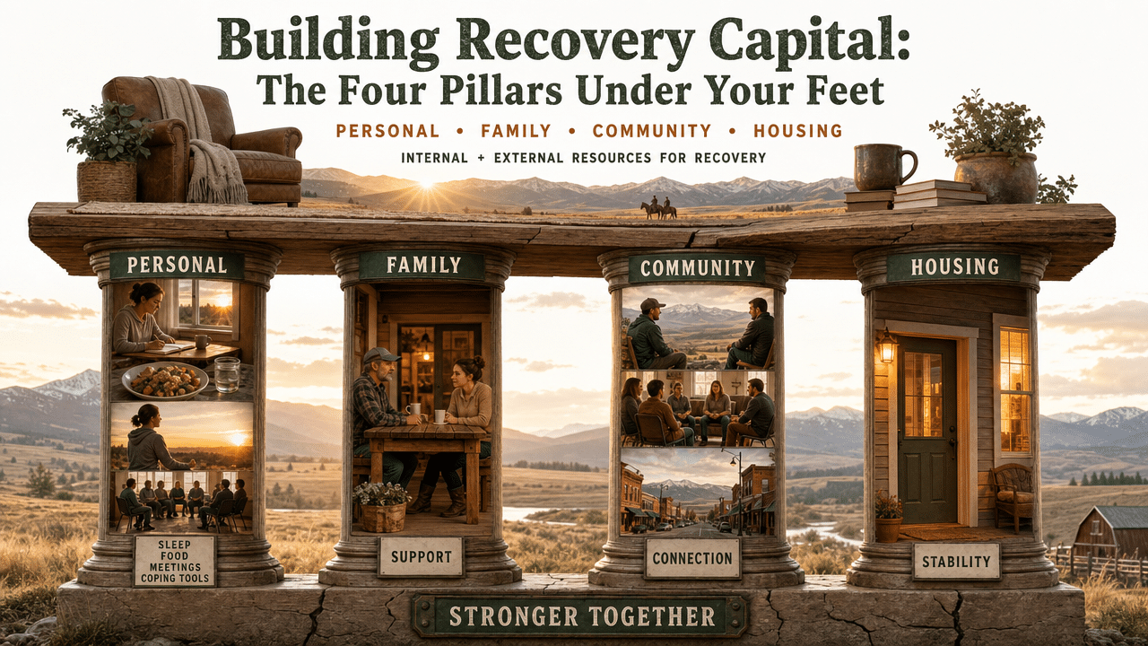 Illustrate the four-pillar recovery capital framework explicitly described in this section as personal, family, community, and housing