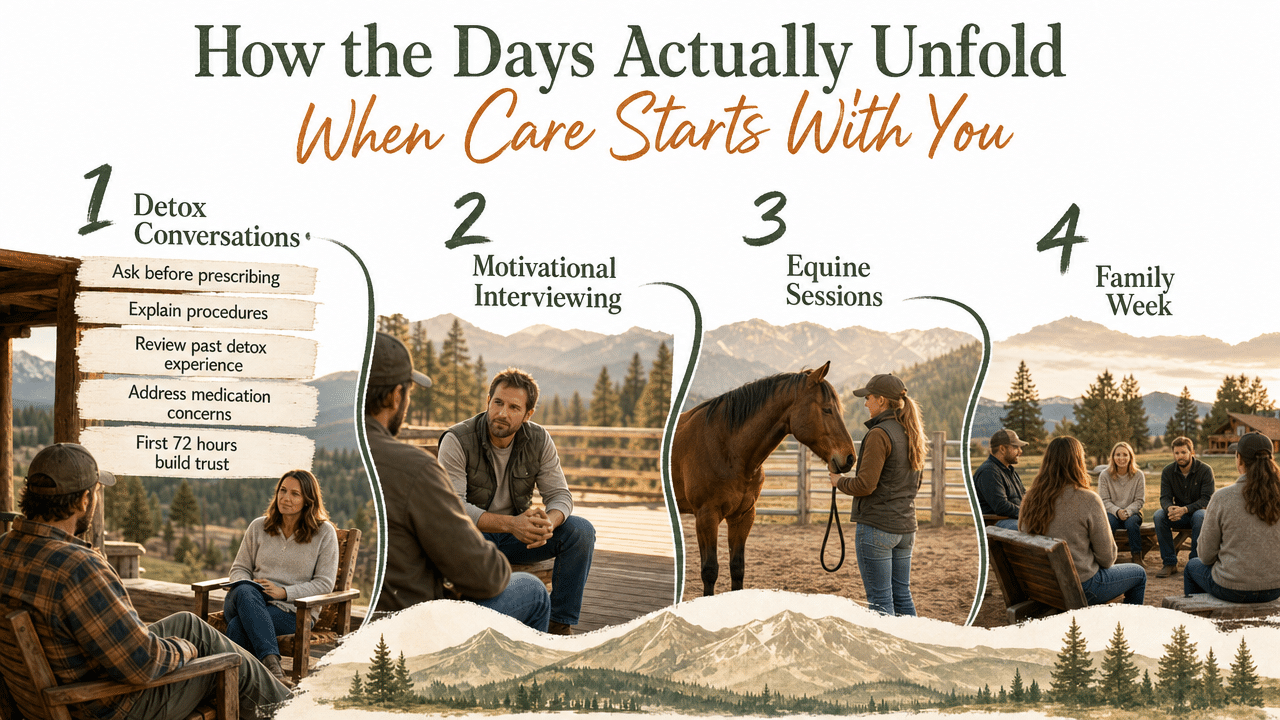 Visualize the four-part client-centered treatment workflow described in this section's subsections (detox conversations, motivational interviewing, equine sessions, family week) as a process infographic