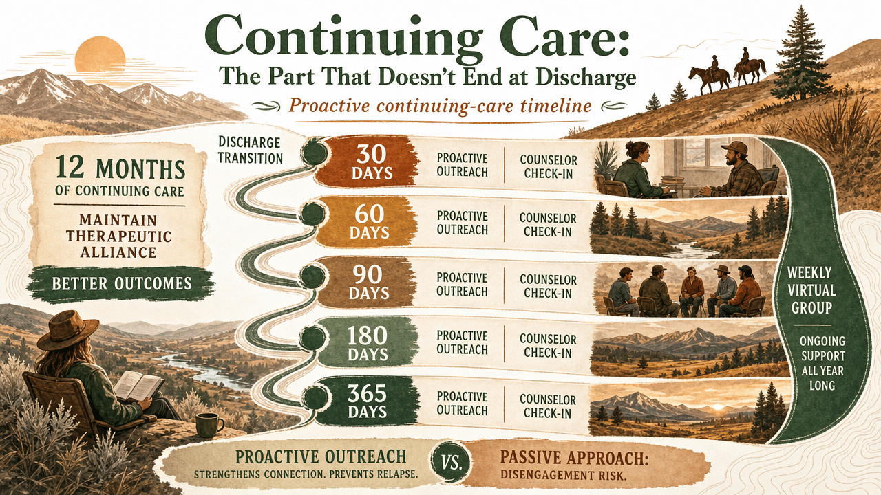 Illustrate the proactive continuing-care check-in schedule (30, 60, 90, 180, 365 days) cited in this section as a timeline infographic