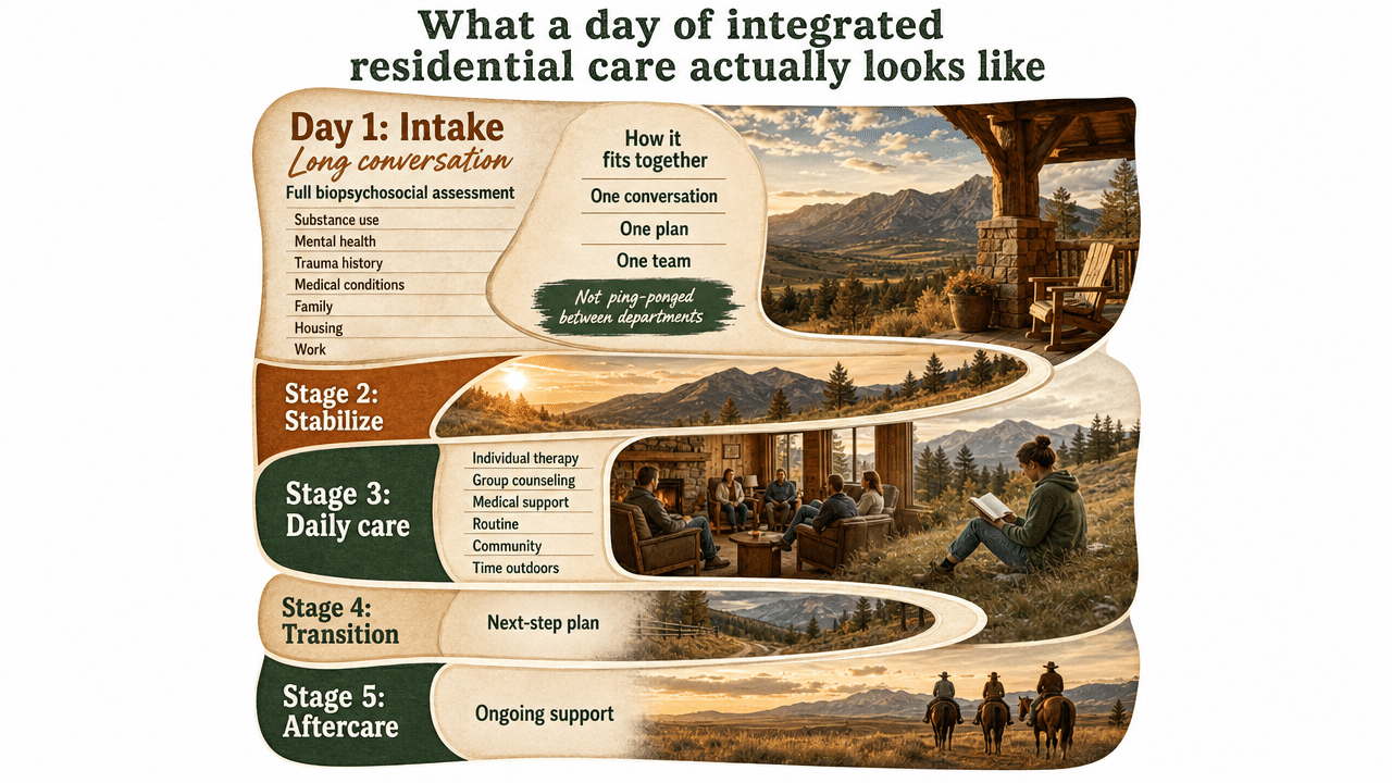 Visualize the stage-wise residential treatment journey described in this section, from intake through aftercare, giving readers a clear operating model of what to expect
