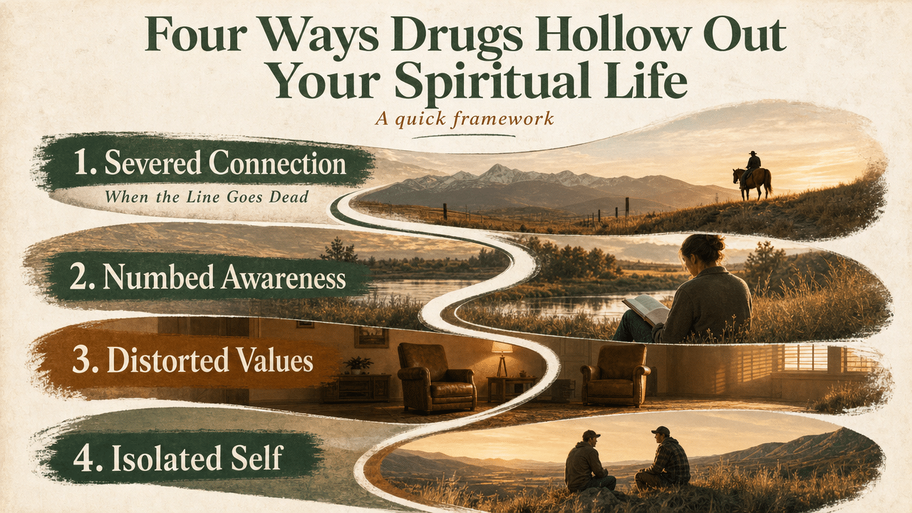 Visualize the four spiritual dimensions damaged by drug use, matching the section's four subheadings so readers can see the framework at a glance