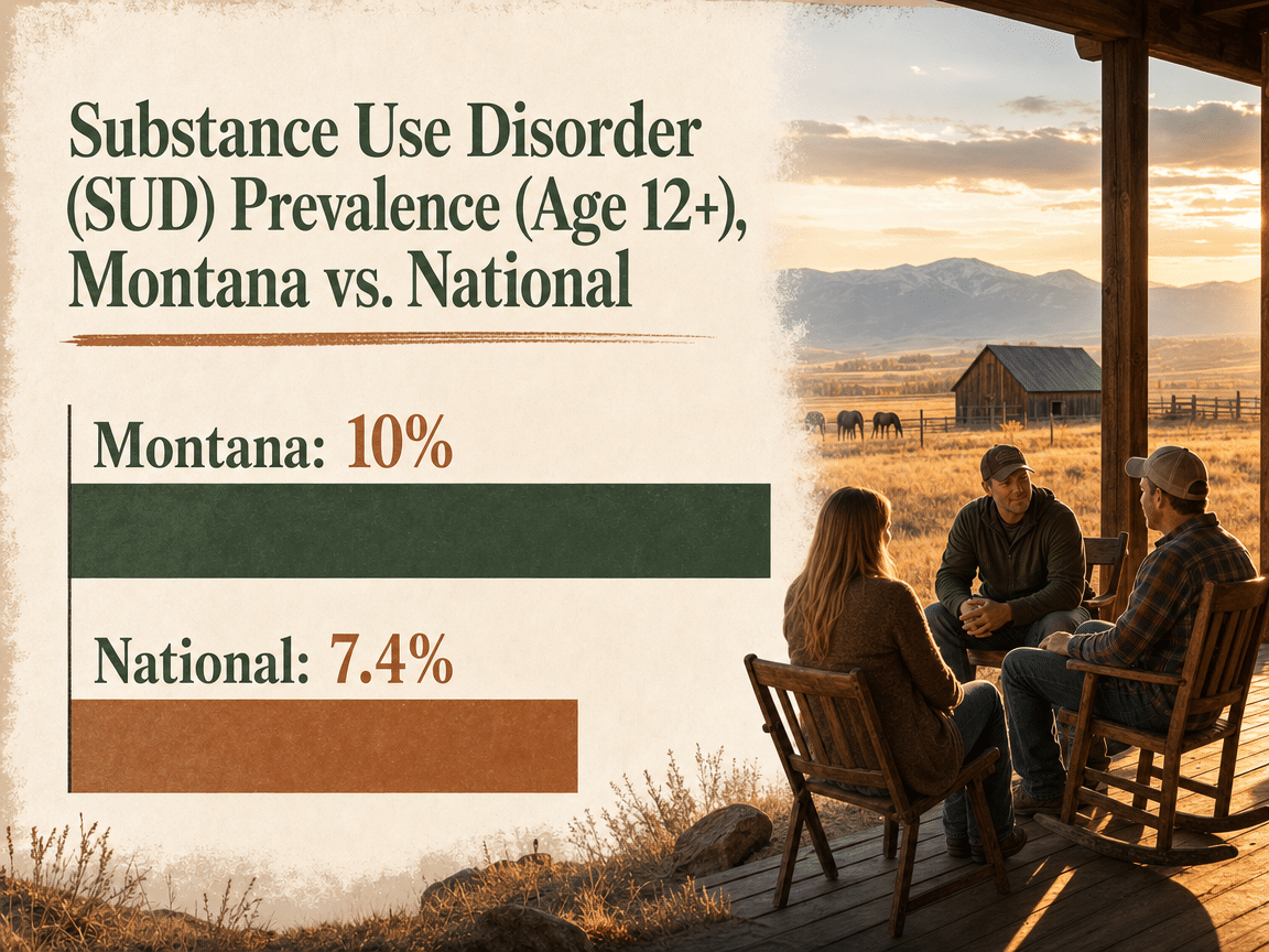 Chart showing Substance Use Disorder (SUD) Prevalence (Age 12+), Montana vs. National