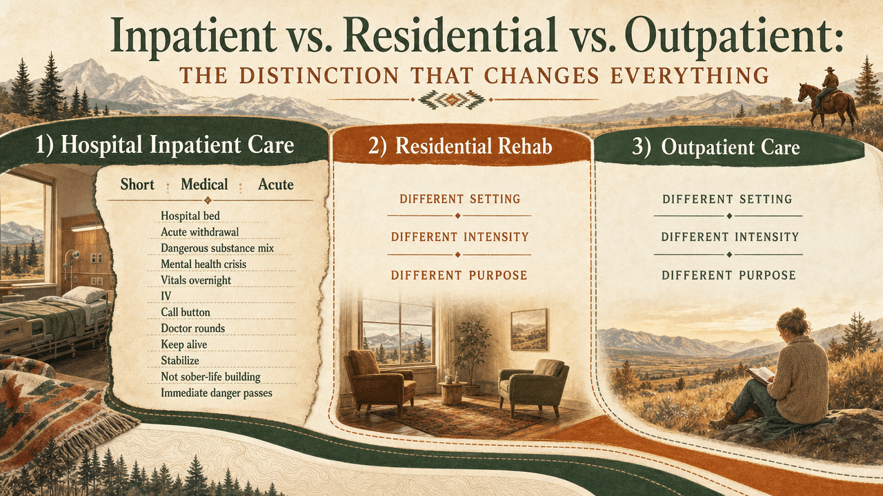 Visualize the three-way comparison table between hospital inpatient, residential rehab, and outpatient care that the section explicitly lays out