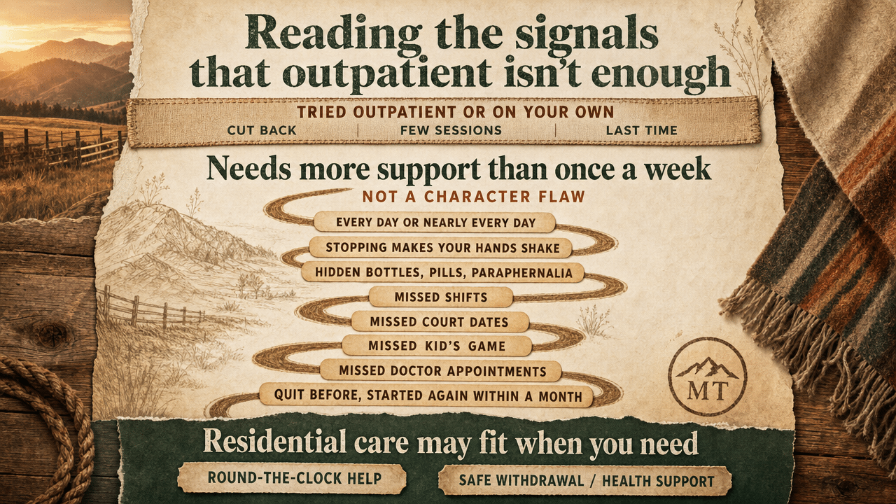 Present the section's checklist of signals indicating a person likely needs residential care rather than outpatient