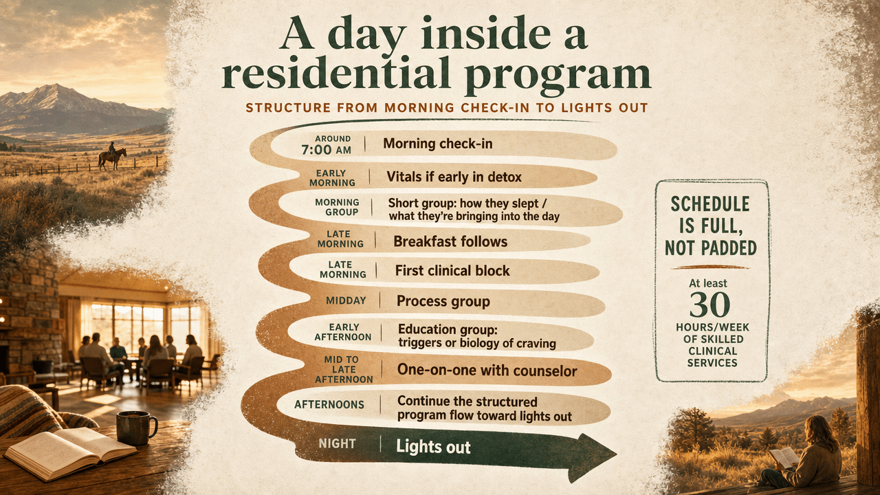 Show the structured daily schedule described in the section, from morning check-in through lights out