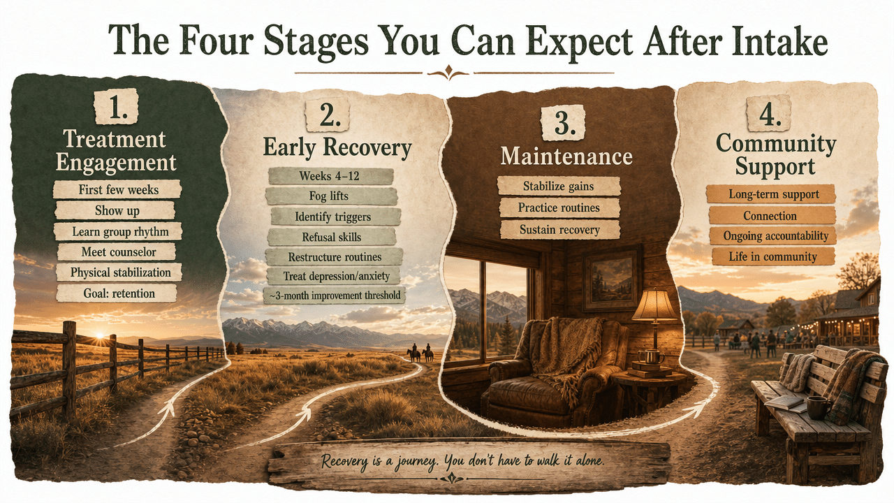 Process infographic showing the four sequential stages of outpatient recovery described in the section, aligned with SAMHSA TIP 47's engagement, early recovery, maintenance, community support progression