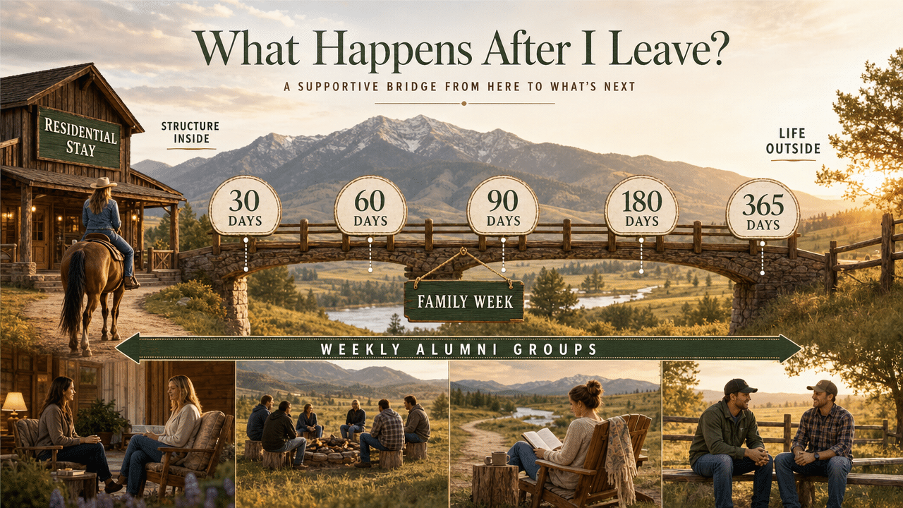 Visualize the aftercare timeline (30, 60, 90, 180, 365 days) that the article explicitly describes as the bridge separating a real program from a certificate at the door