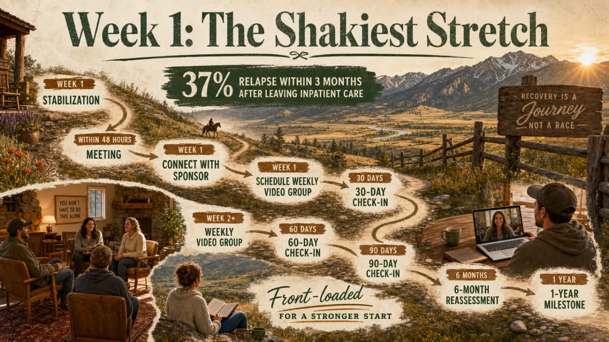 Process infographic mapping the year-long aftercare rhythm described in the section: Week 1 stabilization through 365-day milestone, anchoring the cited 37% three-month relapse figure