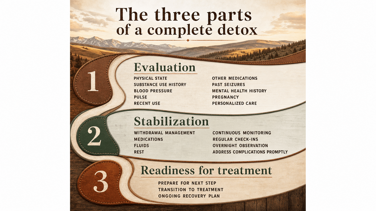 Visualize the three federally-defined components of a complete detox process referenced in this section