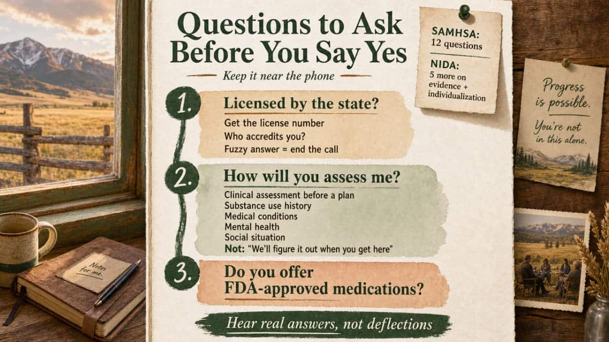 Convert the section's cited question list into a printable reference card that mirrors the SAMHSA and NIDA guidance discussed in prose