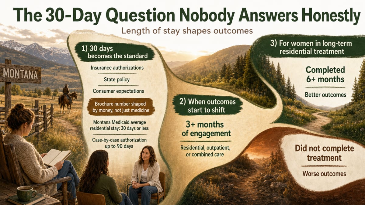 Show the outcome gap between women who completed six or more months of long-term residential treatment versus those who did not complete treatment, directly supporting the length-of-stay discussion