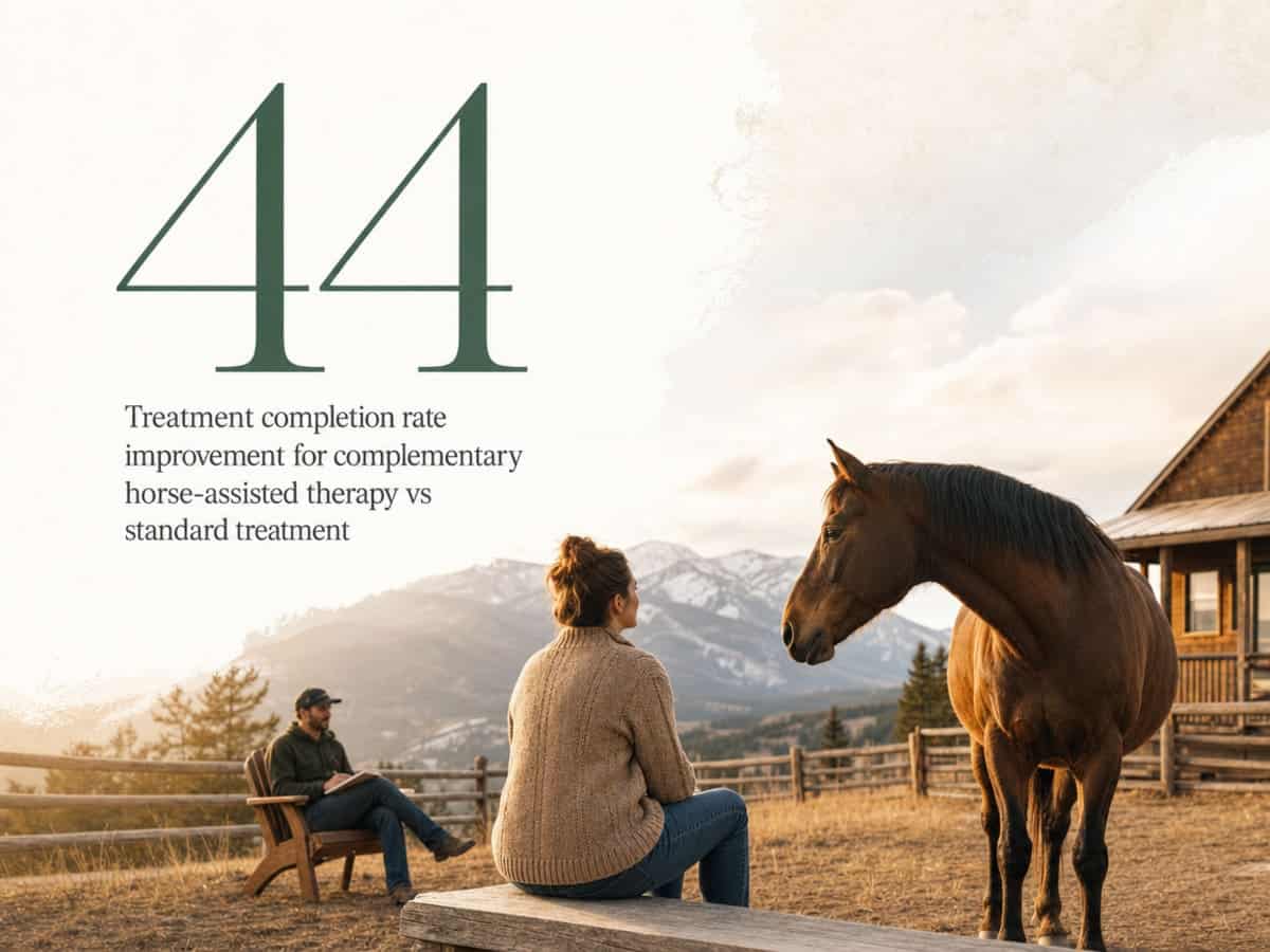 Infographic showing Treatment completion rate improvement for complementary horse-assisted therapy vs standard treatment