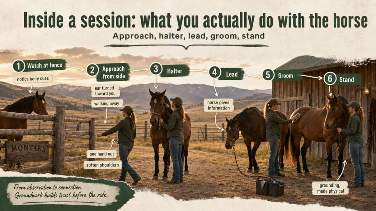 Visualize the cited groundwork session sequence (approach, halter, lead, groom, stand) that the section describes as the structured protocol behind measurable outcomes
