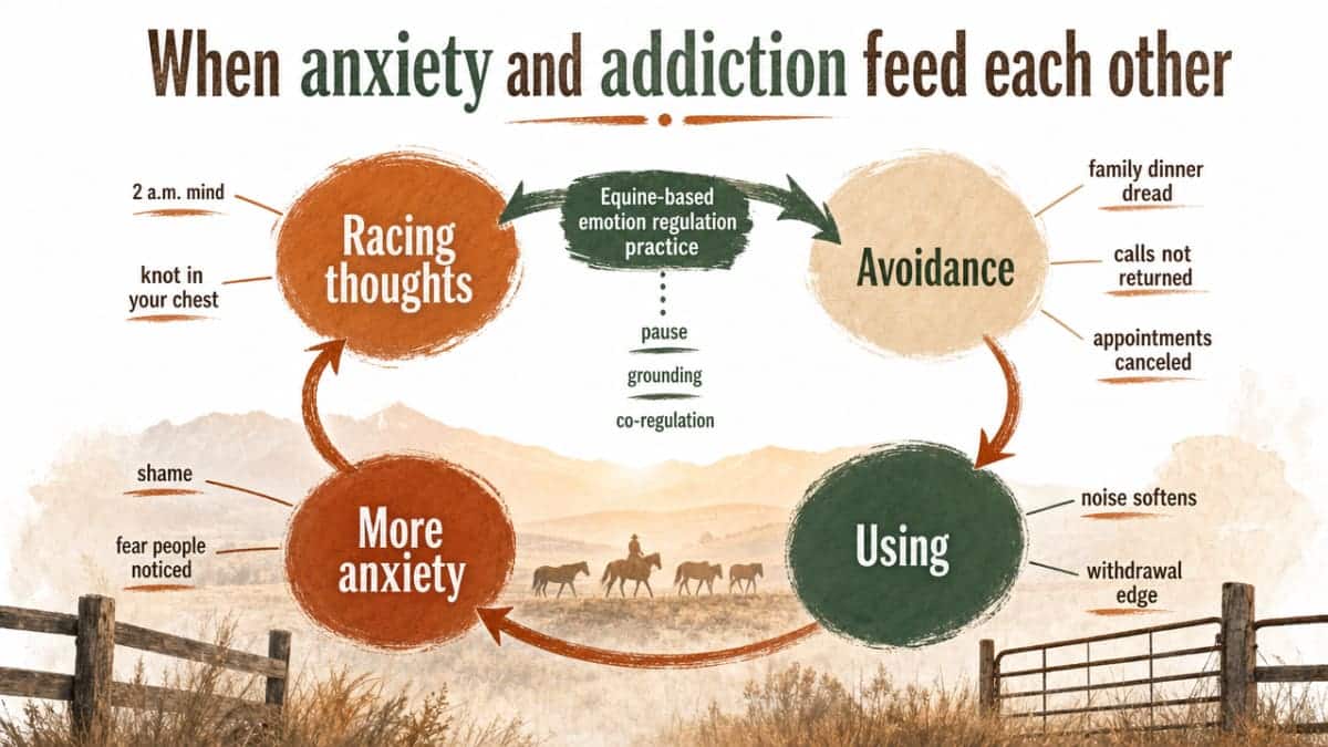 Illustrate the anxiety-using-avoidance loop described in the section and where equine-based emotion regulation practice intervenes
