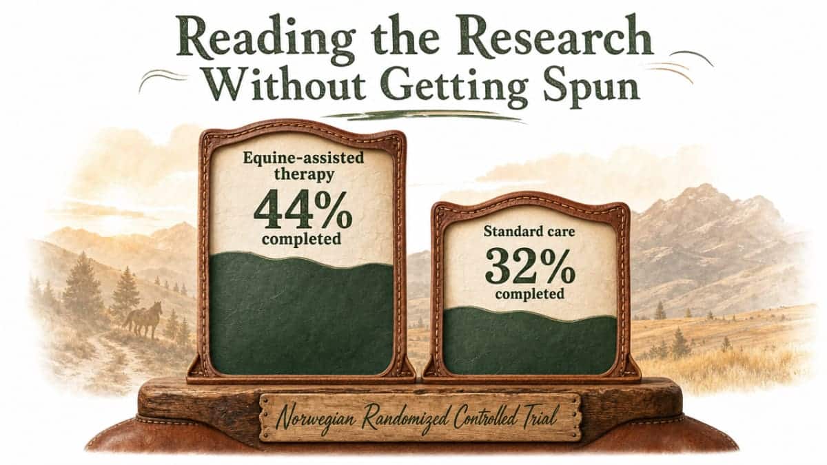 Visualize the Norwegian RCT completion rate comparison cited in this section (44% vs 32%), directly supporting the paragraph's key data point about equine-assisted therapy vs standard care