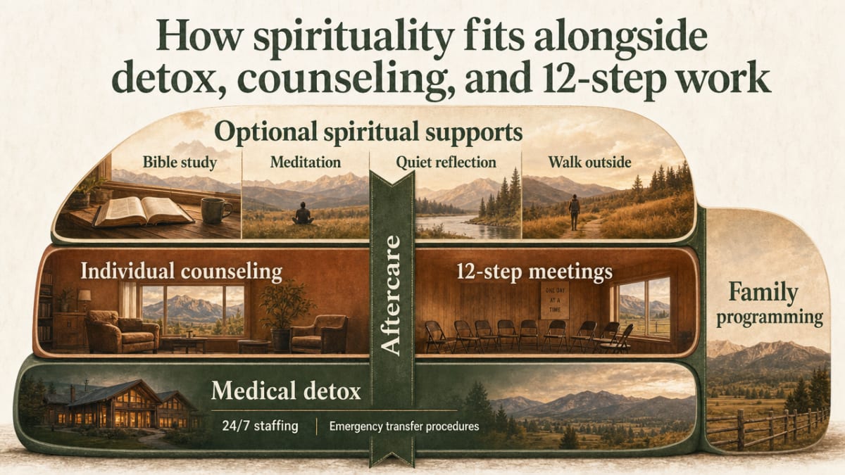 Visualize the layered care stack described in the section: medical detox as the foundation, counseling and 12-step meetings, optional spiritual supports, family programming, and aftercare running through all layers