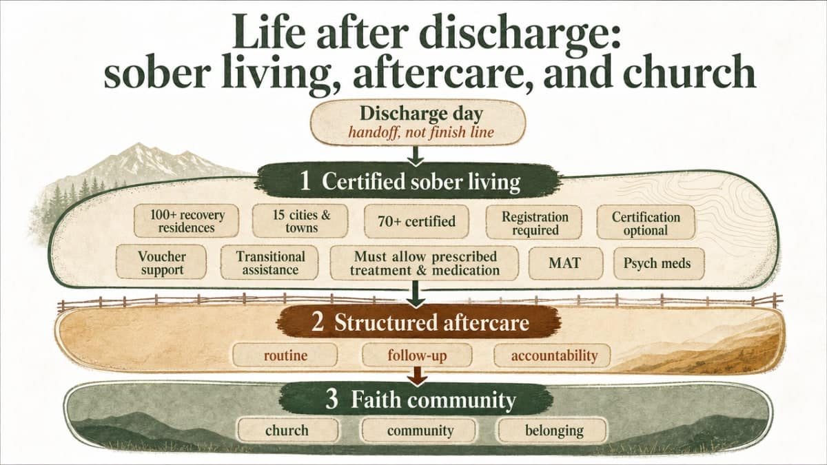 Process infographic showing the three-layer post-discharge pathway (certified sober living, structured aftercare, faith community) with the cited Montana recovery residence numbers that appear in the section prose