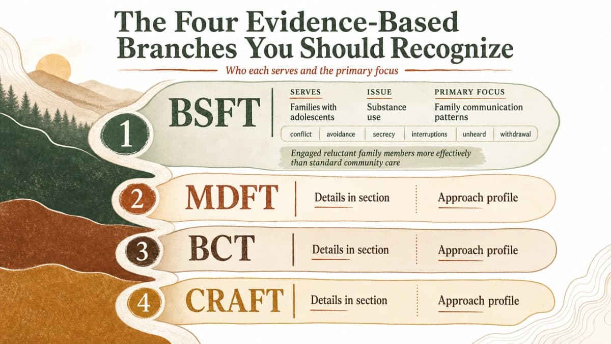 Compare the four evidence-based family therapy approaches (BSFT, MDFT, BCT, CRAFT) discussed in this section, showing who each serves and its primary focus
