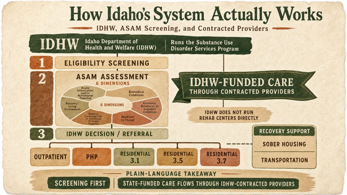 Visualize the Idaho pathway to state-funded residential care described in this section: eligibility screening, ASAM assessment, and referral to IDHW-contracted providers across ASAM residential levels