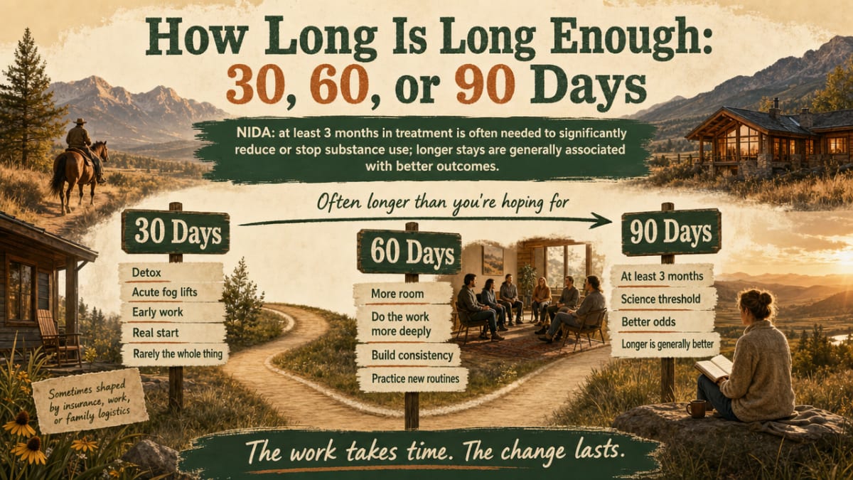 Visualize the 30/60/90-day residential track comparison and what happens clinically at each length, tied to NIDA's 90-day threshold cited in this section