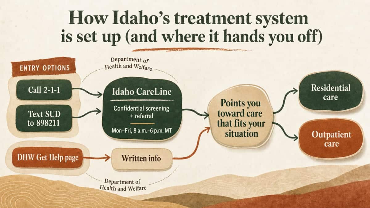 Visualize the entry pathway from initial contact through screening to residential care placement, matching the section's description of Idaho's system handoffs