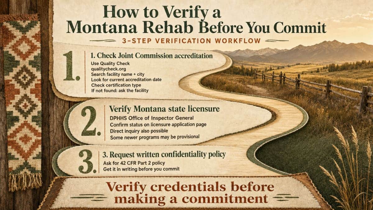 Visualize the three-step verification workflow described in this section: check Joint Commission accreditation, verify Montana state licensure with DPHHS OIG, and request the written 42 CFR Part 2 confidentiality policy