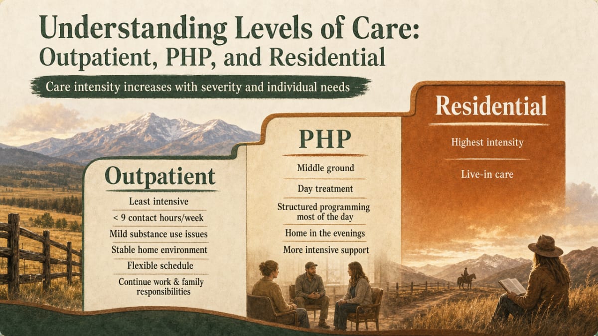 Visualize the tiered comparison of care intensity levels described in this section, using the cited ND definitions for outpatient, PHP, and residential