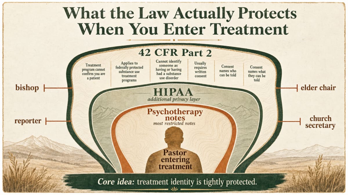 Visualize the layered legal privacy framework (Part 2, HIPAA, psychotherapy notes) that the section explains, showing what each layer protects for a pastor entering treatment