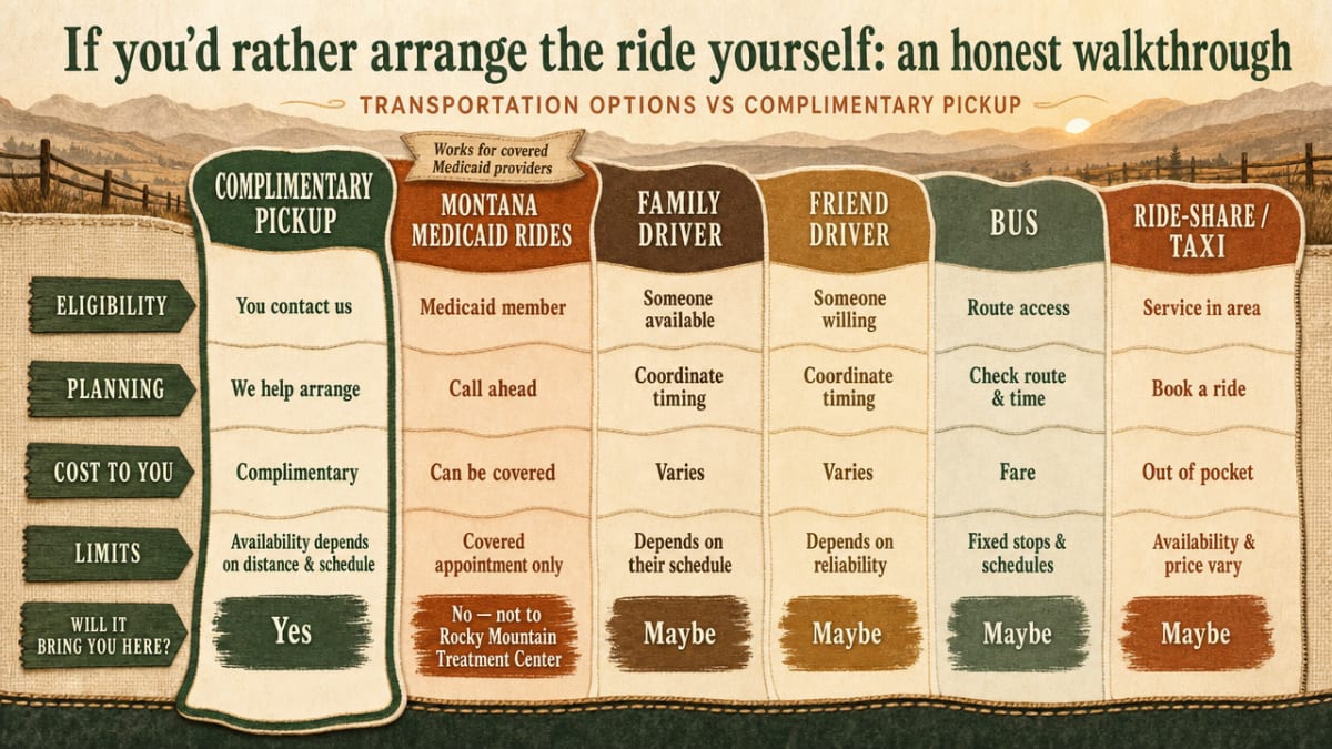 Render the comparison table from the article as a clean visual comparison of five transportation options versus complimentary pickup