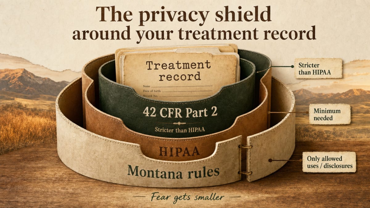 Visualize the layered legal framework (42 CFR Part 2, HIPAA, Montana rules) protecting a teacher's treatment record and the narrow disclosure exceptions, directly supporting the section's explanation of who can access records