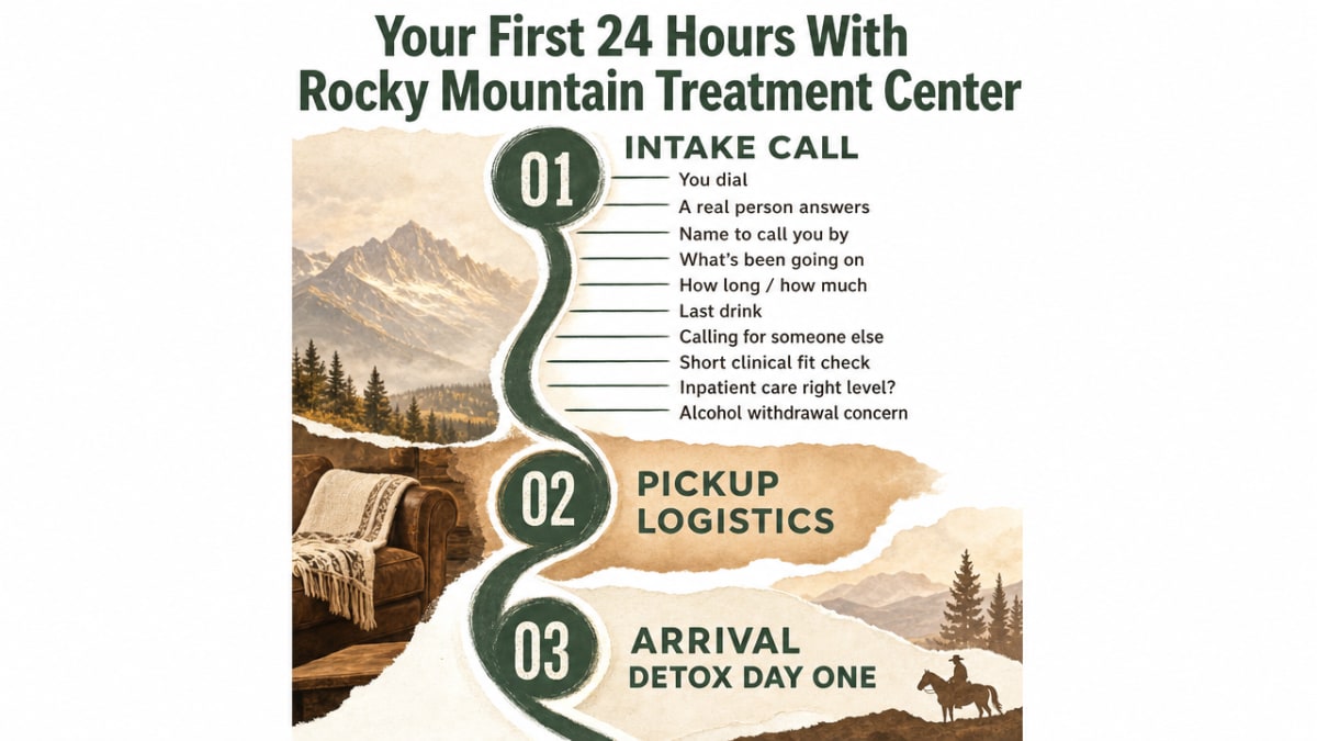 Process infographic visualizing the patient journey described in this section's three subsections: the intake call, pickup logistics, and arrival/detox on day one