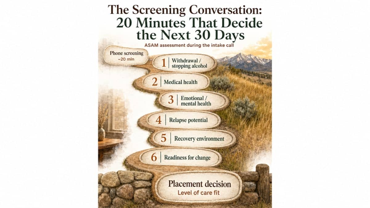 Visualize the six ASAM assessment dimensions the intake counselor evaluates during the phone screening, directly supporting the section's explanation of how placement decisions are made